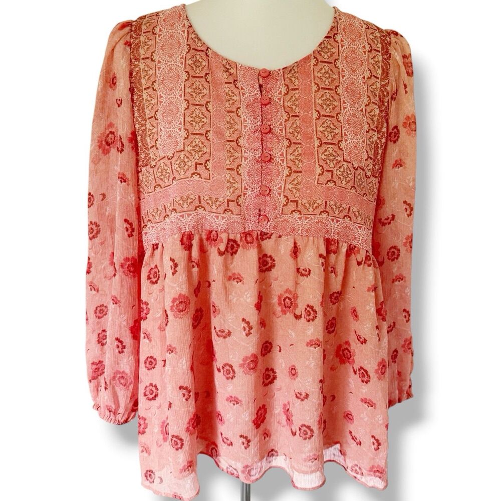 Lucky Brand Boho Peasant Coral Peach Long Sleeve Blouse Top Shirt Size L Large